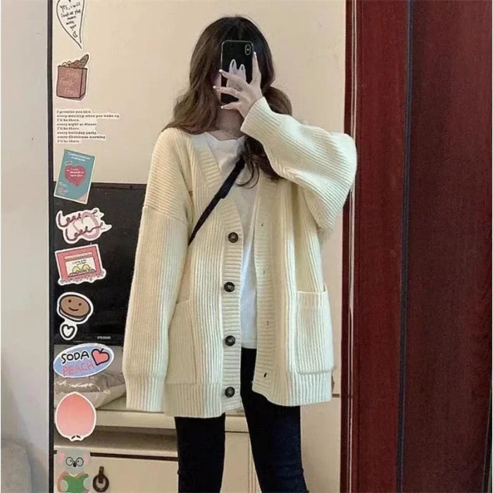 Japanese Style Medium-Length Sweater Jacket Women's Autumn/Winter Solid Color Lazy Vintage Milk System Wear Match Soft And Suppl