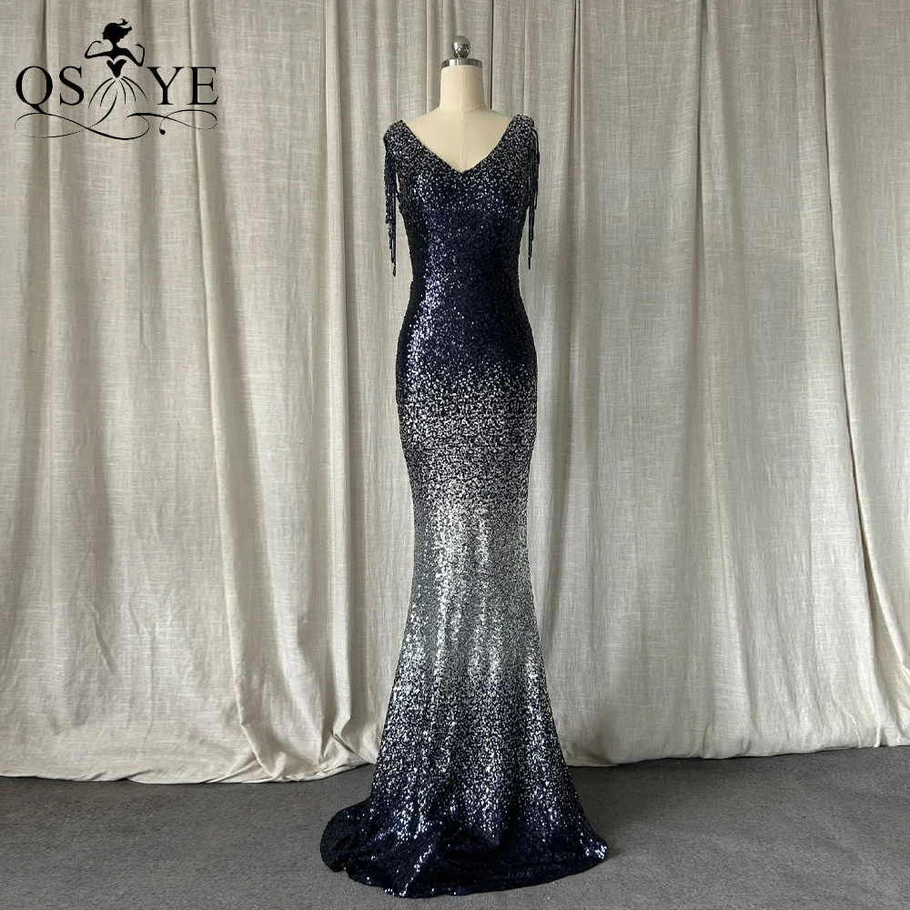 

Fade Blue Evening Dresses Mermaid Long Prom Gown Glitter Beading Straps Party Dress Silver Sequined V neck Women Formal Dress