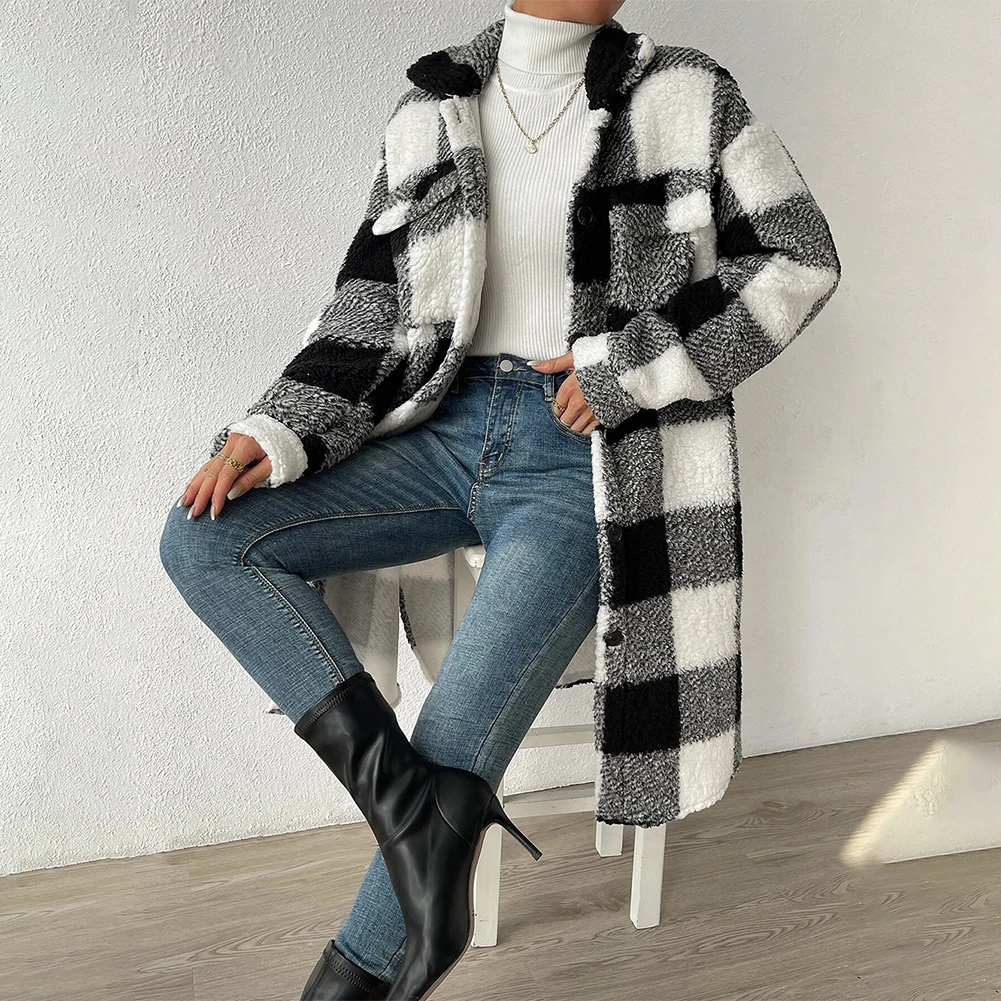 

New Womens Plush Plaid Tartan Check Jacket Shacket Trench Coat Warm Fleece Jacket Outwear Loose Commuting Long Coat For Women