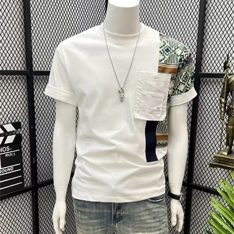 

100% Cotton Men T-shirt O-neck Fashion Design Patchwork T-shirts Summer New Male Tops Tees Short Sleeve T Shirt For Men Techwear