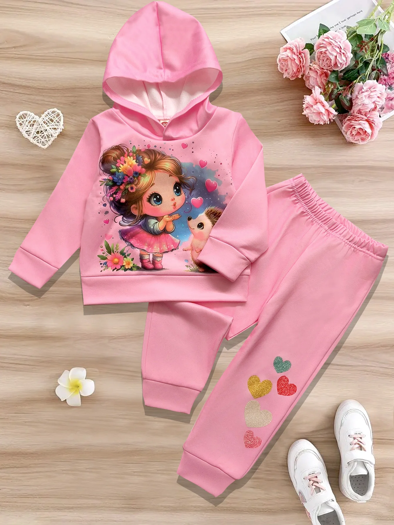 Toddler Girls Pink Hoodie Sweatpants Set Cute Cartoon Print Hooded Pullover Joggers 2 Piece 1-6 Years Fall Winter Outfits