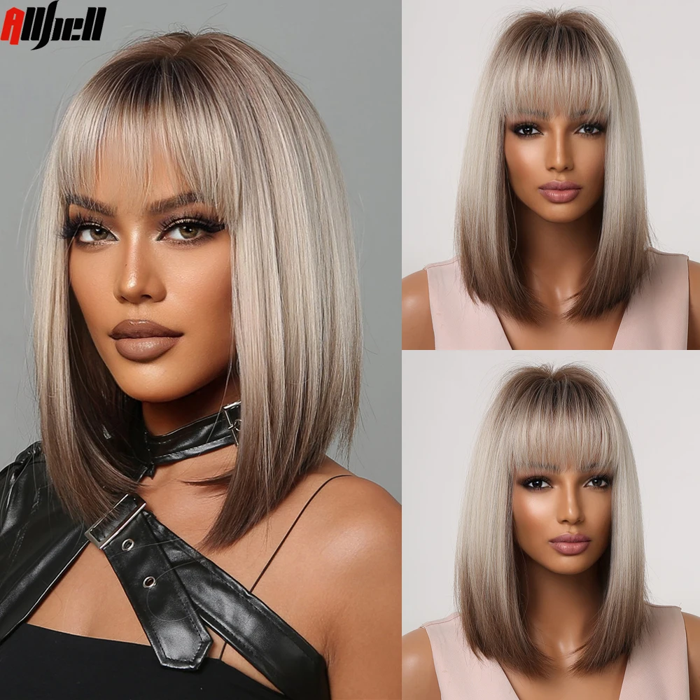 Krótkie proste peruki syntetyczne dla kobiet od blond do brązowych peruk Ombre Bob z grzywką Codzienne imprezy Cosplay Odporne na ciepło sztuczne włosy