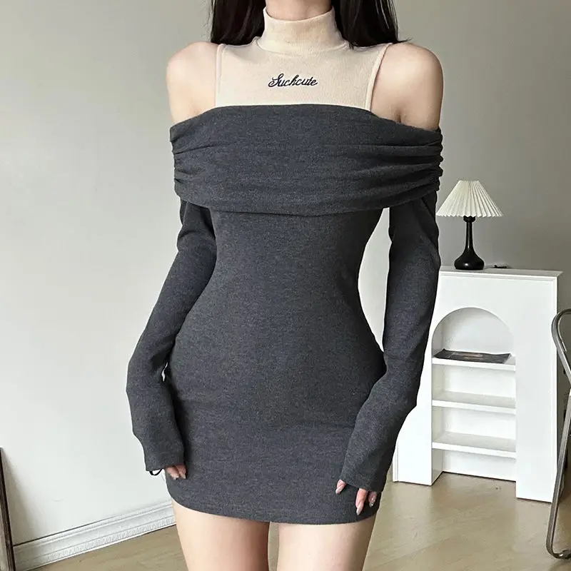 

Dress Off-Shoulder Patchwork Slim Casual Turtleneck Long Sleeve Mini Dresses For Women 2024 Autumn Spring Short Sheath Dress