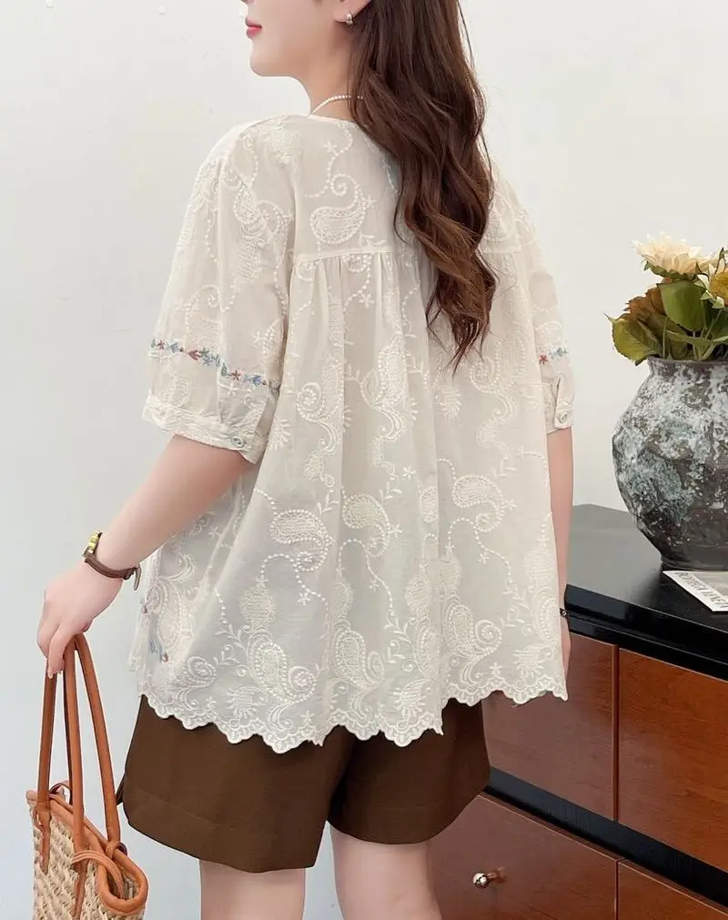

New 2026 Summer Women Cotton Short Sleeve Shirt, O Neck Embroidery Lace-up, Mori Girl Sweet Preppy Style Loose Blouse T65050CC