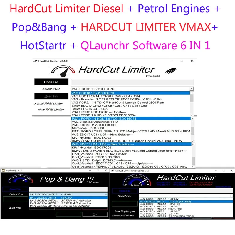 Limitador HardCut Multi Software, Diesel, motor a gasolina, UltraCuttr, Pop & Bang, HARDCUT VMAX, HotStartr, QLauncher, 6 em 1 Pack