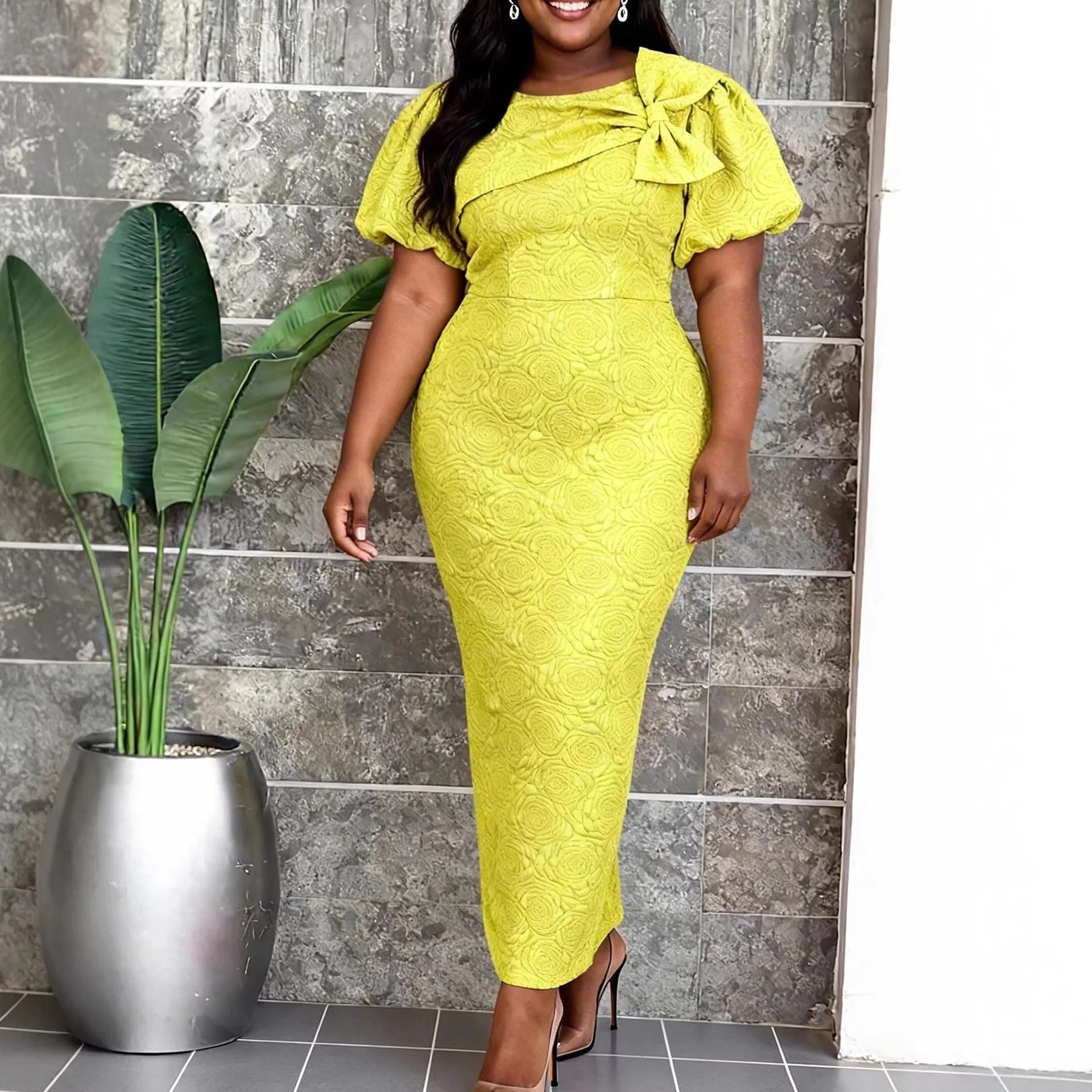 

African Dresses for Women Elegant Africa Short Sleeve Yellow Plus Size Party Evening Bodycon Long Dress Dashiki Ankara Dresses