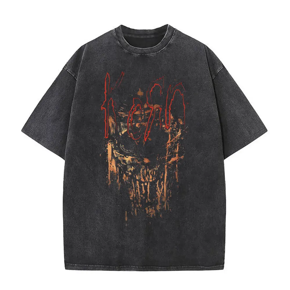 Washed Vintage Rock Band Korn Metal Music T-shirt Serpent Skeleton Graphic T Shirts Men Hip Hop T-shirts Male Oversized Tshirt