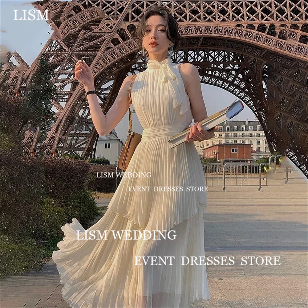 

LISM Ivory Prom Dresses A Line High Neck Sleeveless Tiered Pleated Evening Dress Ankle-Length Summer 이브닝 드레스 For Women 2024