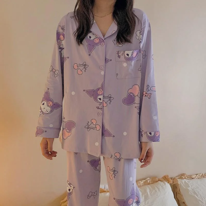 

Sanrio cartoon Kulomi pajamas women's cardigan lapel long-sleeved autumn new loungewear two-piece women's pajamas