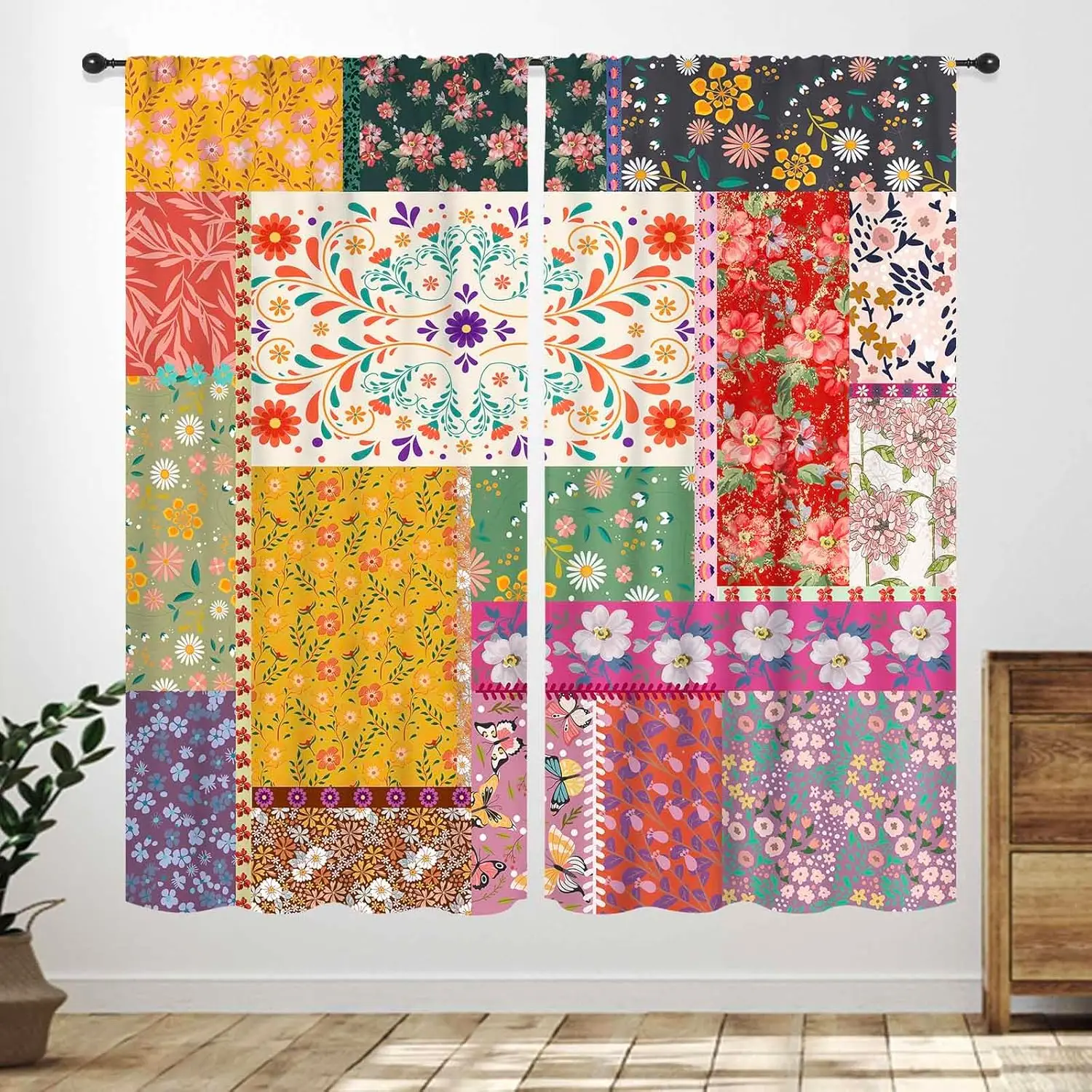 Boho Patchwork Curtains,Spring Colorful Wildflower Farmhouse Bohemian Country Retro Floral Rural Cottage Bedroom Living Room