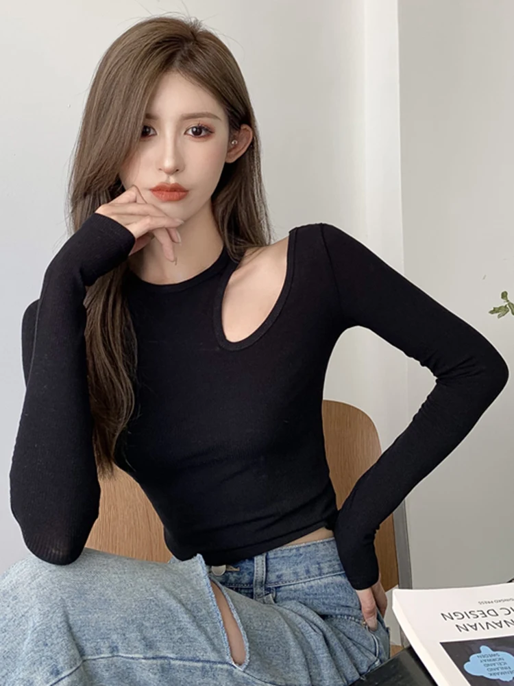 2024 Ribber Knitted T Shirts Women Green Spring Cut Out White Basic Long Sleeve Crop Tops Casual Tees Black