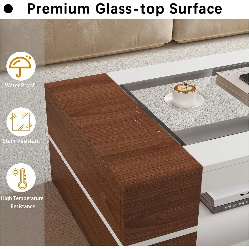 47.2" Modern Stylish Coffee Table with Glass Table Top, Large Living Room Table Rectangular 2-Tier Center Tables with Storage, W