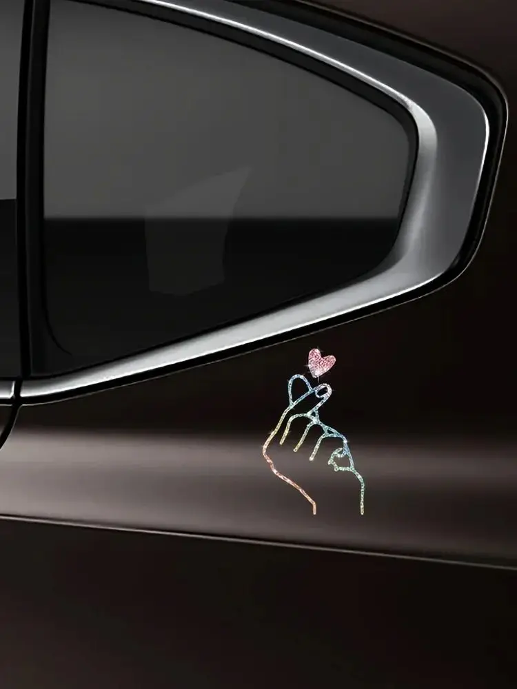 Autocollant de voiture avec geste de cœur et de main, autocollant en vinyle à paillettes, autocollant de fenêtre auto-adhésif pour voiture, moto, ordinateur portable, réutilisable, 1 pièce