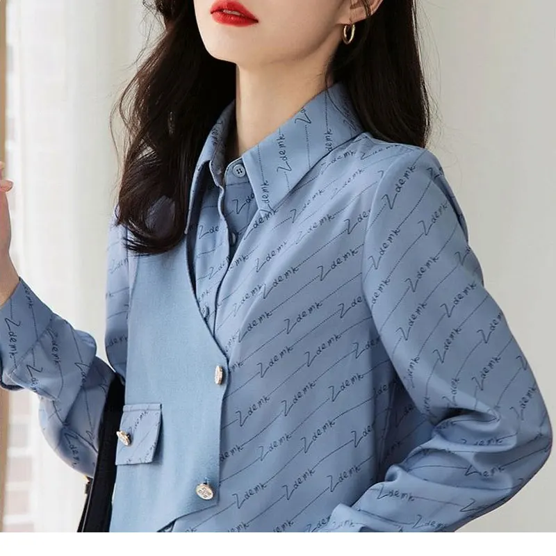 Commute Stylish Patchwork Asymmetrical Blouse Women\'s Clothing Casual Letter Printed 2023 Spring Autumn Korean Long Sleeve Shirt