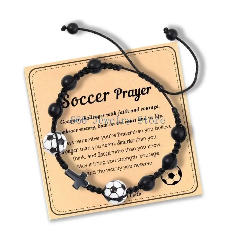 F2TD Handmade Wooden Crucifix Bracelet For Men Sports Inspired Design Natural Beads Black Cord Symbolic Jewelry Gift