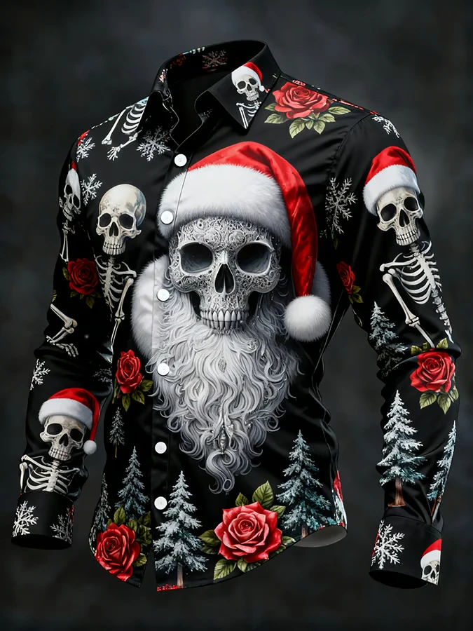 

Gothic Christmas Skull Shirt for Men - Long Sleeves, Skull Print, Holiday Design, Casual Fit, Perfect for Christmas Celebrations
