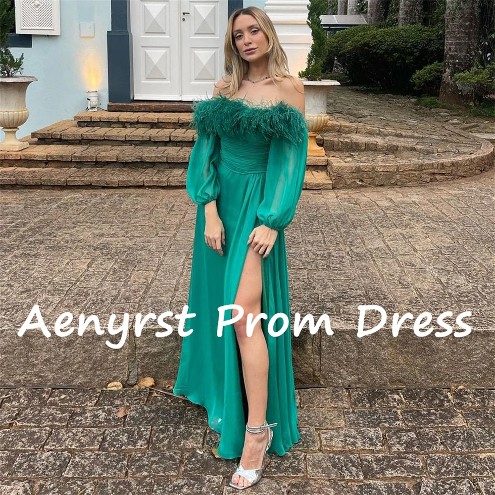 Aenyrst Green Off Shoulder Feathers Prom Dresses Chiffon Puff Sleeves A Line Split Evening Gowns Floor Length Dinner Party Dress