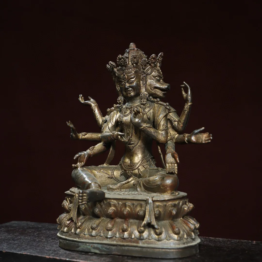 Tibetan brass mud gold cinnabar painted three sides and eight arms Zunsheng Buddha Mother Guanyin Tara Buddha statue ornament ho