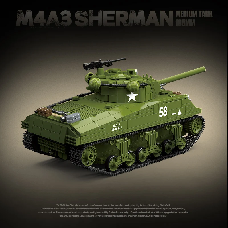 M4A3 Sherman Medium Tank Children's Assembled Hands on Military Building Blocks Toy