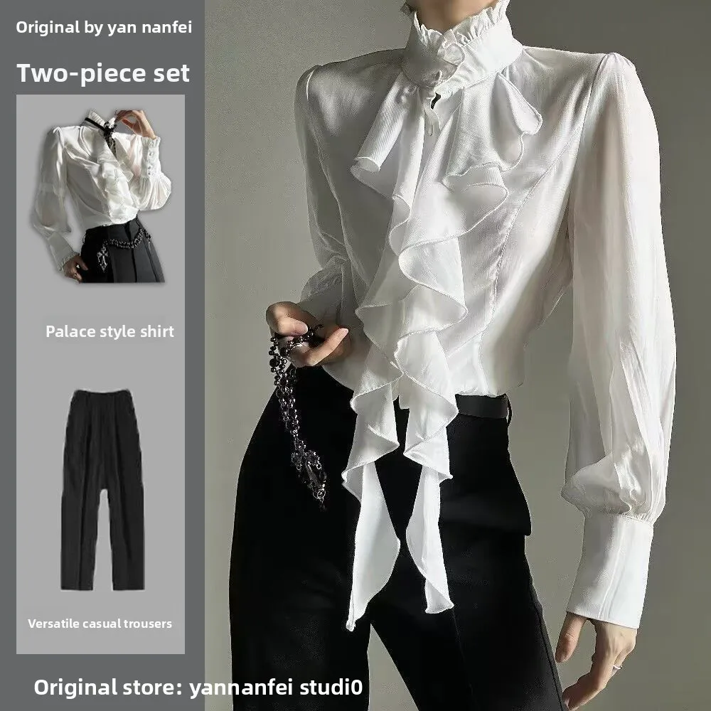 

Neutral Style Long Sleeve Stand Collar Shirt with Sash Design for Men And Women Dark Court Retro Fashion Leaf Detail