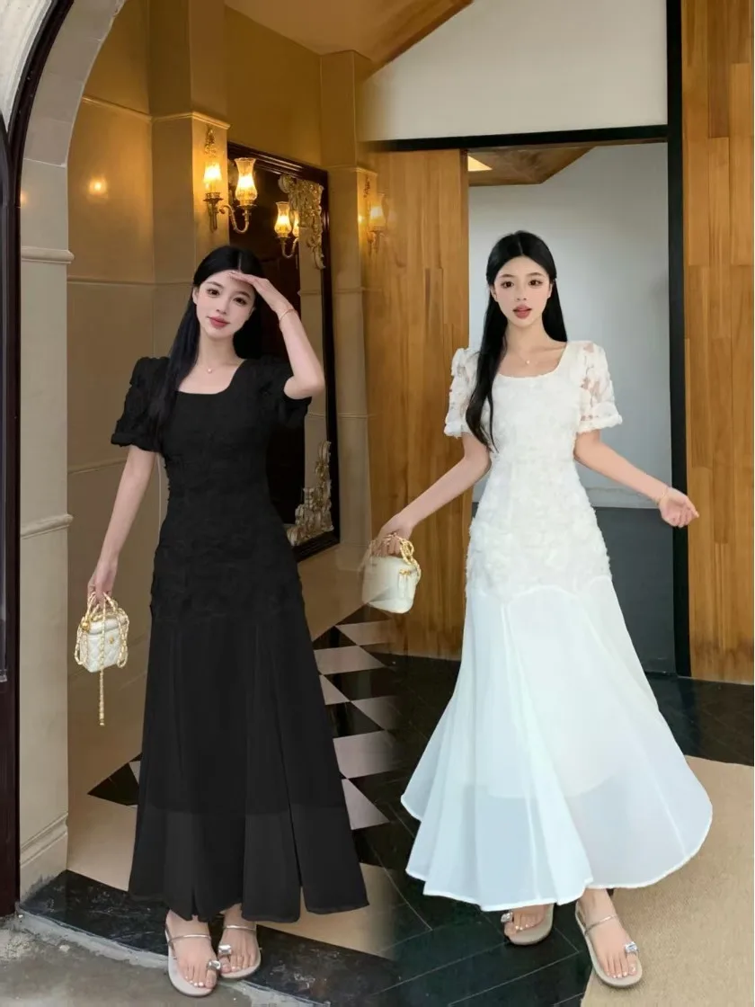 

plus Size Women's GENTLE FLOW Summer Rose Embroidery A-Line Long Dress Square Collar Slimming Waist Design Korean Style