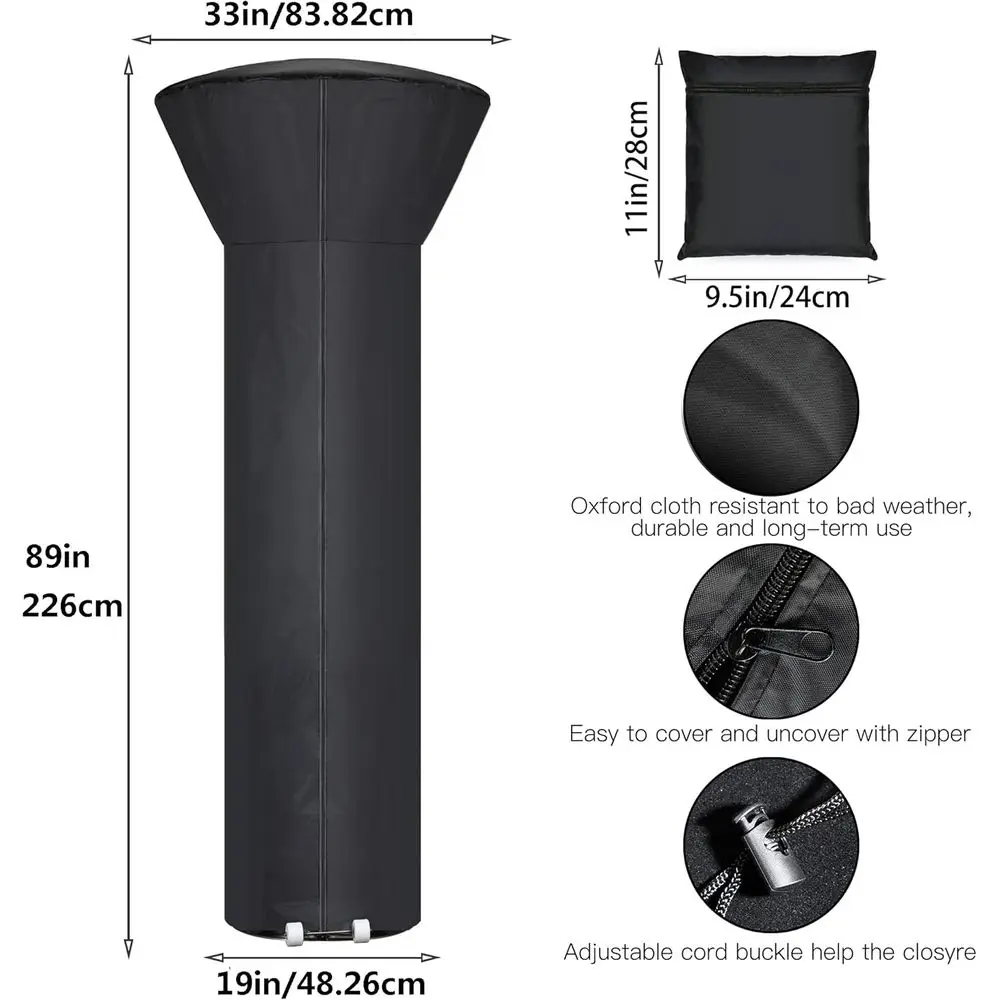 Zippered Patio Heater Cover, Waterproof, Dustproof, Wind & Sunlight Resistant, Black, 89 H x 33 D x 19 B