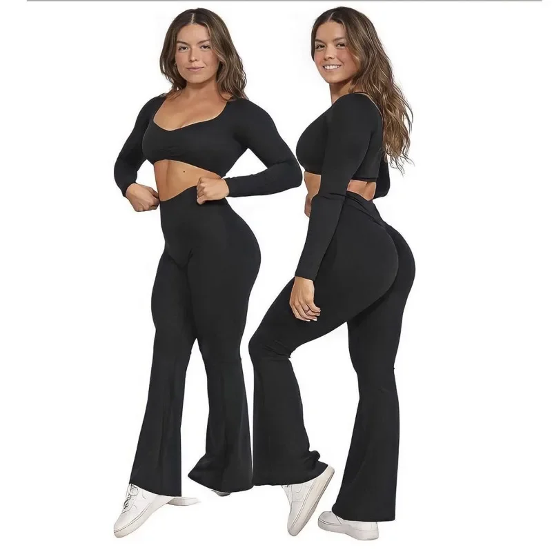 Seamless Yoga sets Casual Outdoor Fitness Sports Yoga Pant Bell-bottoms High Waist Hip Lift Training Clothes Yoga Trousers Women