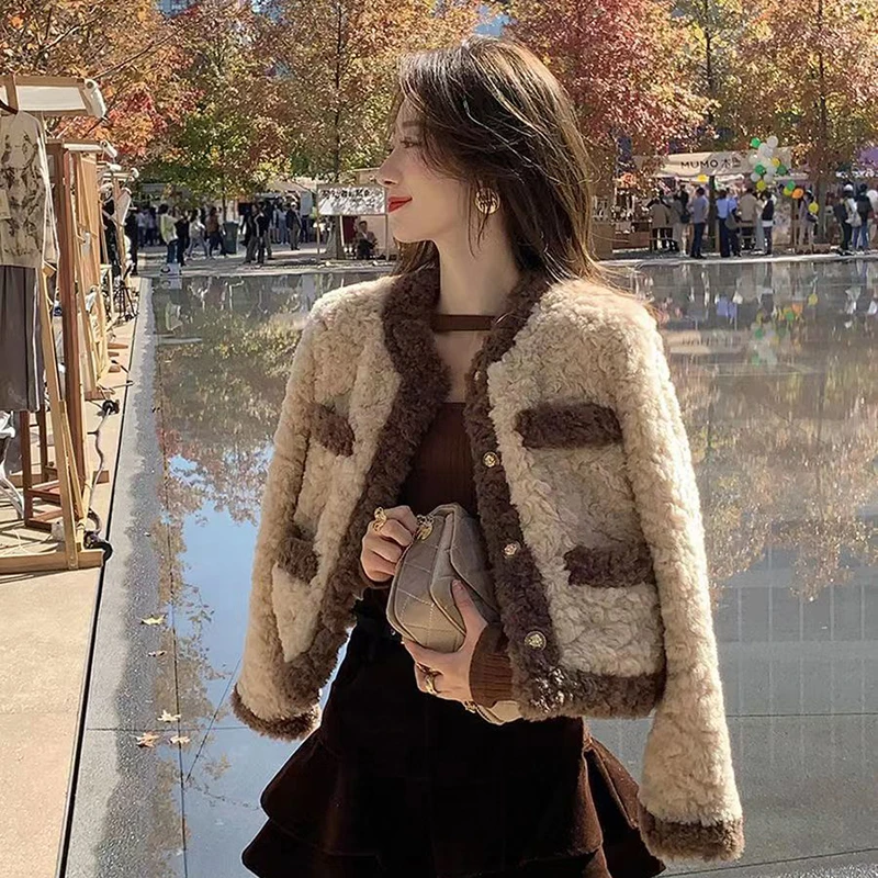 خمر المرقعة المحاصيل معاطف النساء فو الفراء كم طويل زر فضفاض سترة قصيرة عطر صغير كل مباراة س الرقبة بلايز عادية #6