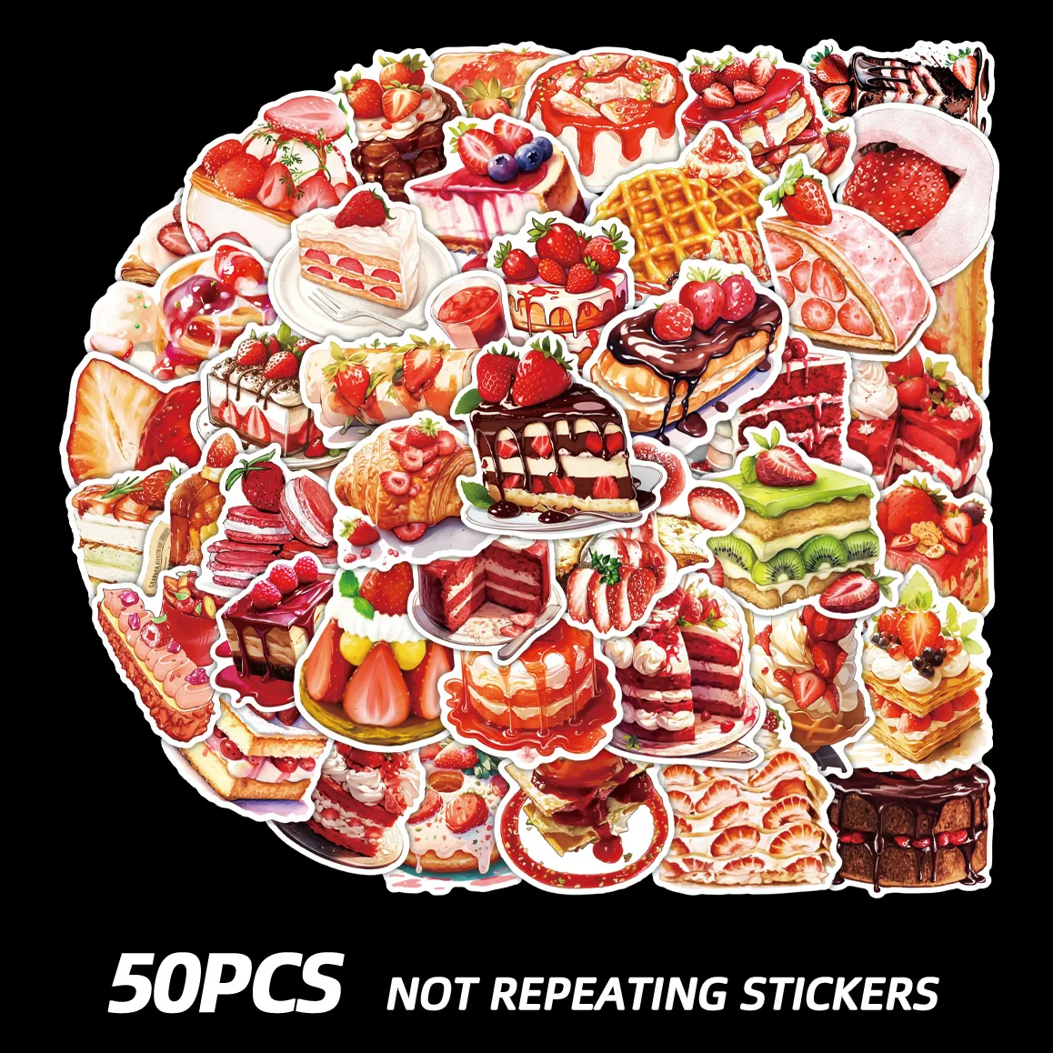 

50PCS Strawberry Cake Dessert Gourmet Stickers Cartoon Graffiti Decoration Water Cup Laptop iPad Waterproof Stickers Kids Toy