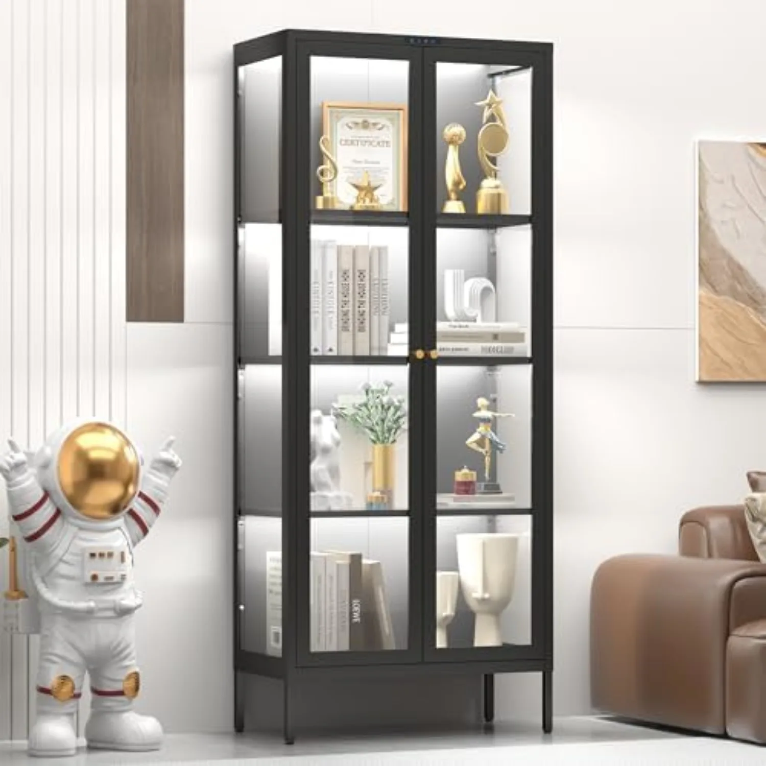 Display Cabinet with Glass Doors, Glass Display Cabinet with 8 Color LED Lights, Curio Display Cabinet with 3 Shelves