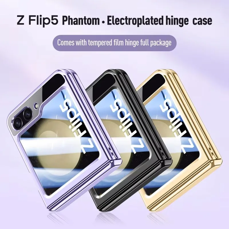 shockproof protective clear cover with front film For Samsung Galaxy Z Flip 5 Flip5 electroplated hinge case transparent hard pc