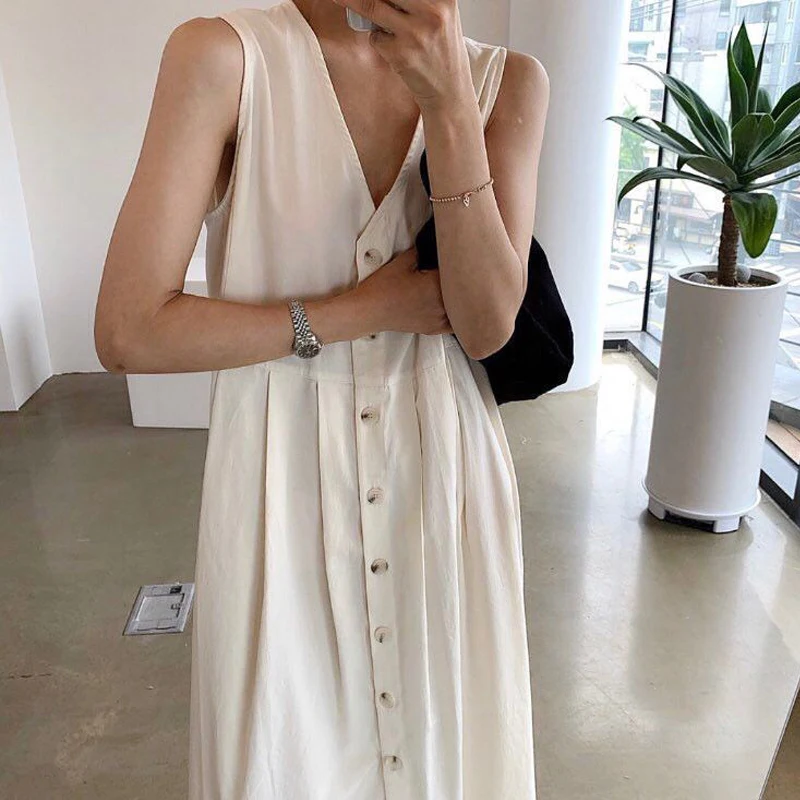 Johnature Korean Deep V-neck New Simple Women Dresses 2024 Summer New Casual Solid Color Loose Single-breasted Dress