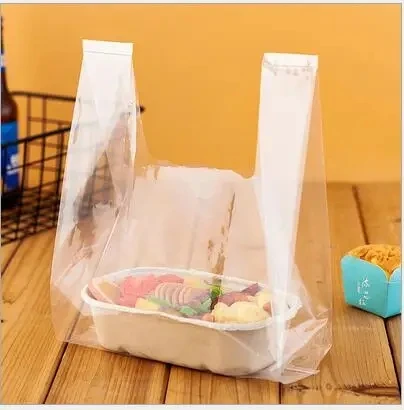 50pcs Clear Food Package Bag With Handle Disposable Transparent Plastic Packaging Bag Birthday Wedding Party Takeaway Bags