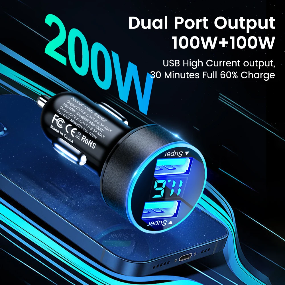 200W Mini Dual Ports USB Car Charger Super Fast Charging with Digital Display Quick Charging Adapter for IPhone Samsung Xiao mi