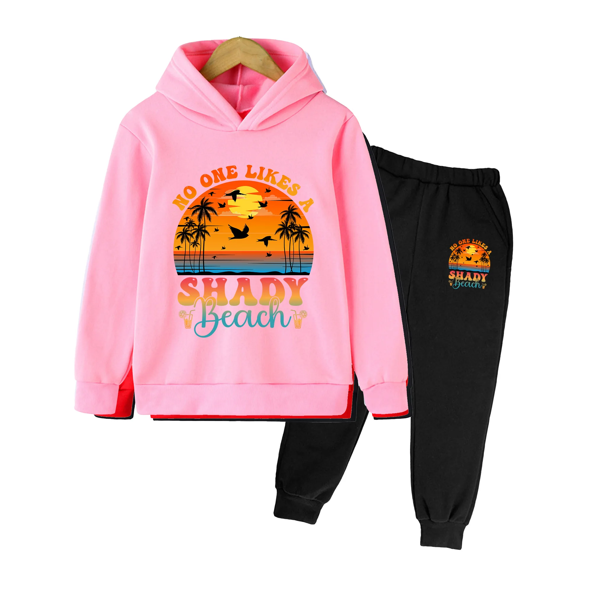Kids Hoodie & Sweatpants Set, Tropical Sunset Print, Casual Beach Outfit for Boys & Girls