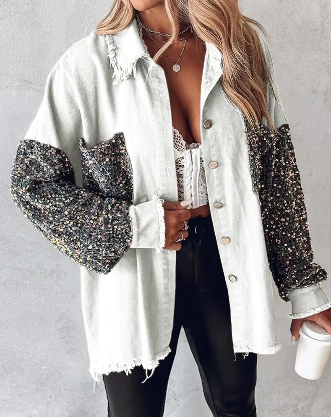 Autumn Jacket for Women Lapel Pocket Loose Coat Vintage Long Sleeve Contrast Sequin Raw Hem Shacket Patchwork Single Breasted