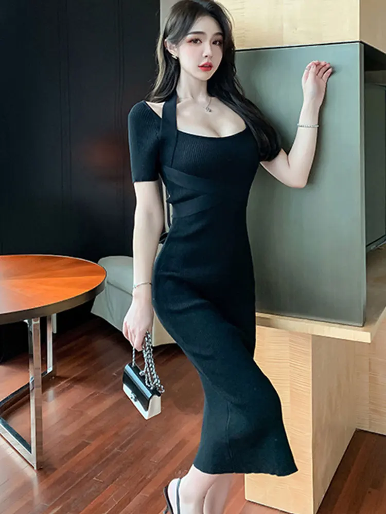 Gợi Cảm Dệt Kim Mỏng Nữ Mùa Hè 2022 Midi Bodycon Dây Đầm Bút Chì Nữ Tay Ngắn Knitt Thiết Kế Nữ Một Dòng Chia áo