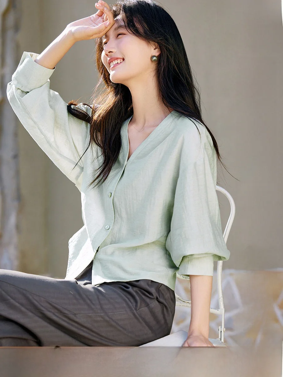 

Slimming Mint Wave een irt Women's V-ne Waist-cinching Straight-cut Polyester Fiber Long Sve Commute Sle Spring Su...