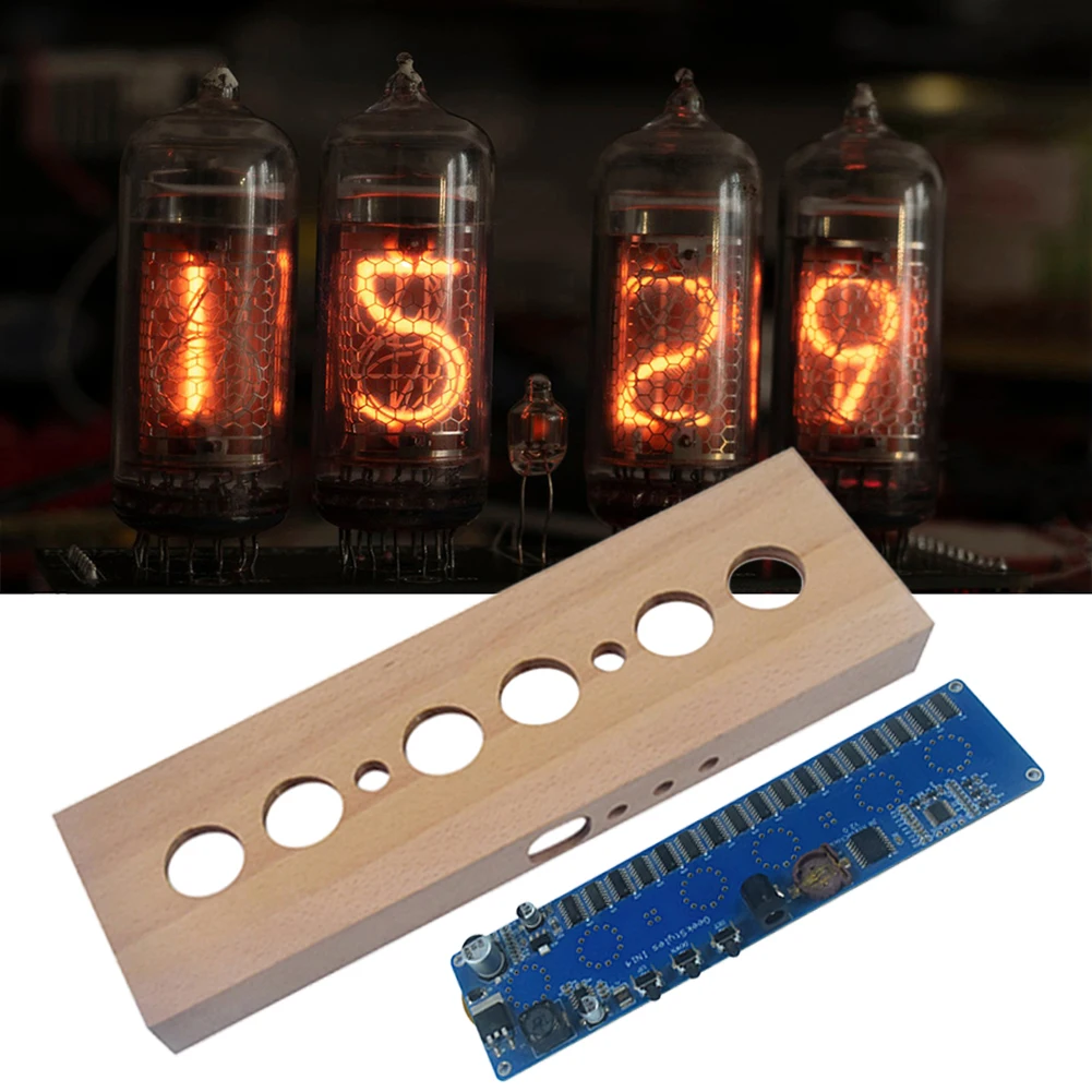 IN14 Glow Tube Clock DIY Tube Clock Kit Buchenholzschale IN14 Nixie Tube Digitale LED-Uhr DC12V 1A Mehrfarbig für Zeitanzeige