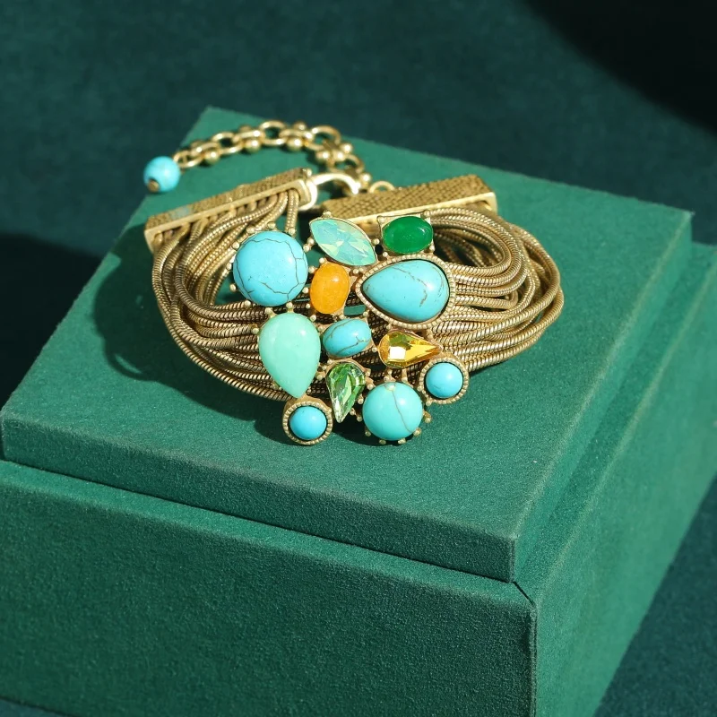 

Bohemian Vintage Layered Turquoise Bracelets Statement Gold Plated Green Crystal Chain Exaggerated Jewelry Brand Quality 2026