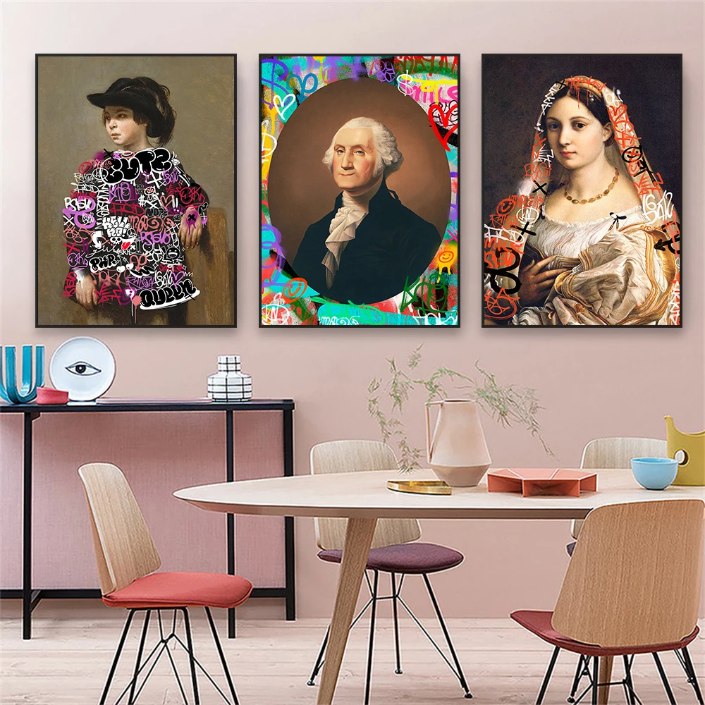 Renaissance Portrait Painting Poster Funny Wall Art Print Graffiti Oil Painting Altered Art Print Canvas Painting Home Decor