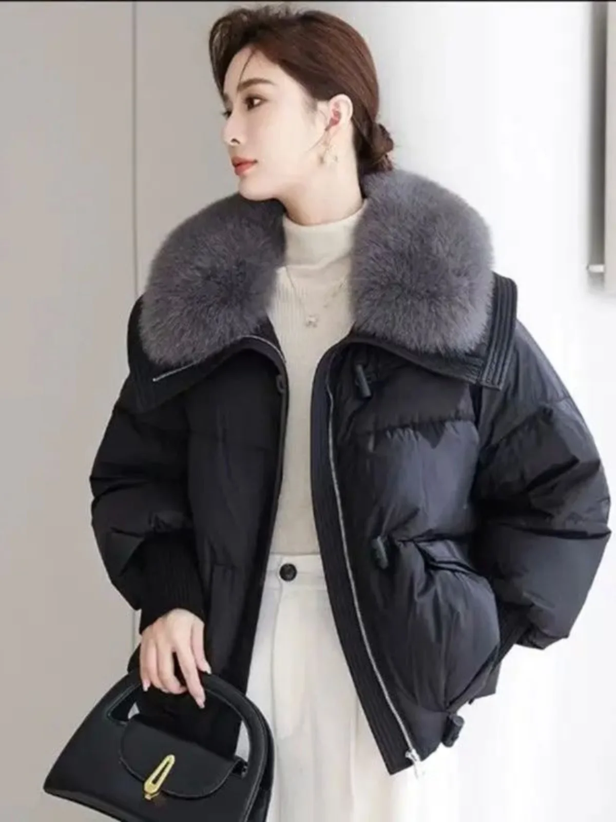 Street Sle Oversized ort Cotton Jaet with down Fill Big Fur Collar Hooded Thiened Spring Faion Ladies' Coat