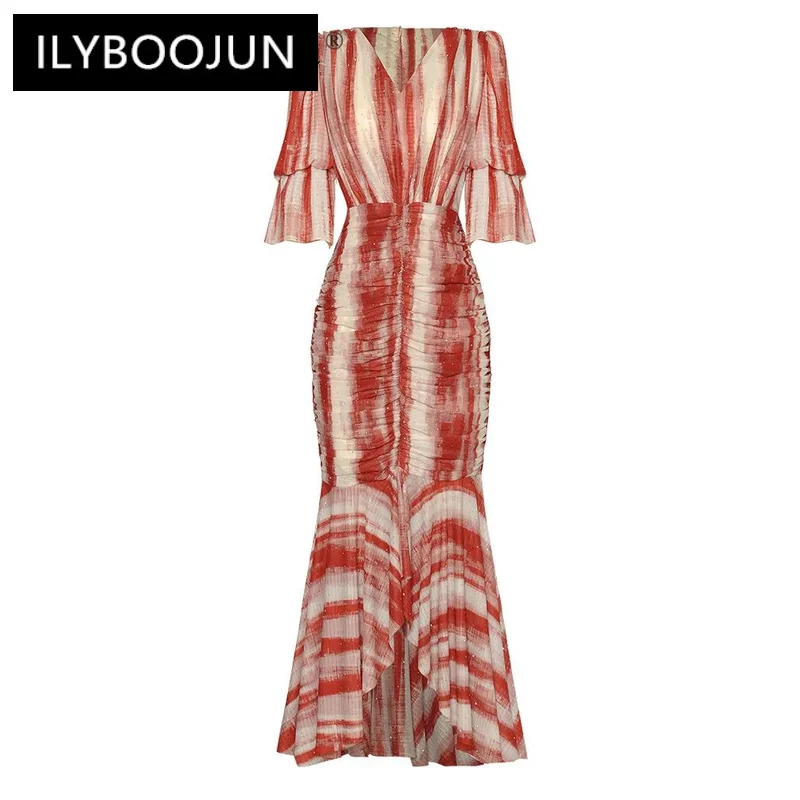 

ILYBOOJUN Summer Fashion Designer High Quality Women Dress Vintage Sequins Trim Shirred Buttock Covering Fishtail Skirt Dresses