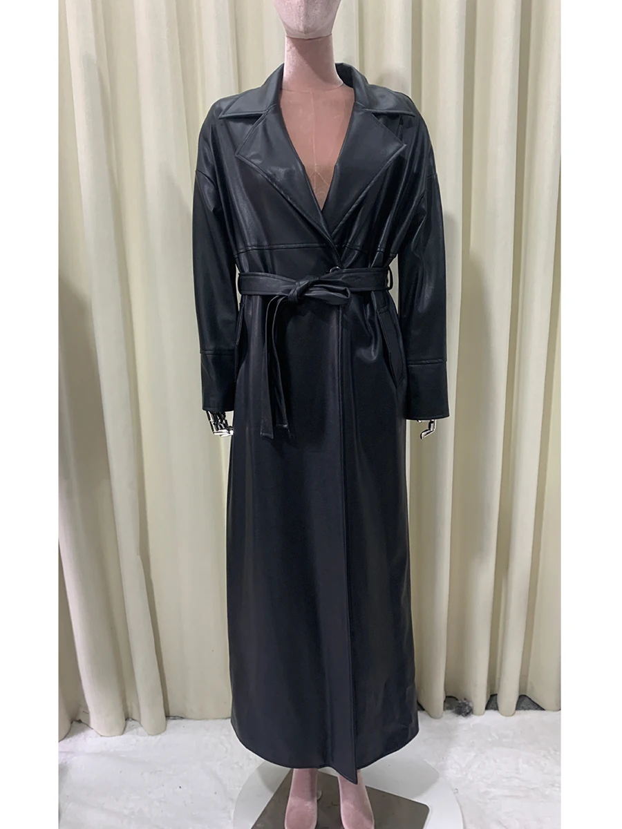 ربيع الخريف اضافية طويلة أسود لينة فلوي بولي معطف معطف جلد المرأة SashesLoose ملابس عصرية كورية غير رسمية معطف ماكسي 2025 #3