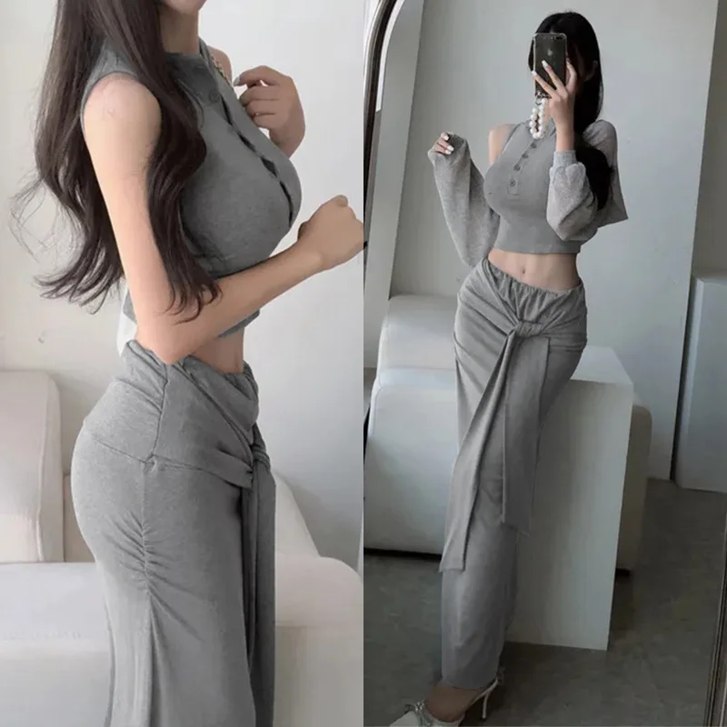 ชุดแฟชั่นเกาหลี ดีไซน์สลิม ชุดเซ็ตอเนกประสงค์ เสื้อเปิดคอครึ่งตัว แขนกุด + กระโปรงยาวทรงเอ สองชิ้น สำหรับผู้หญิง แฟชั่นผู้หญิง 52HC