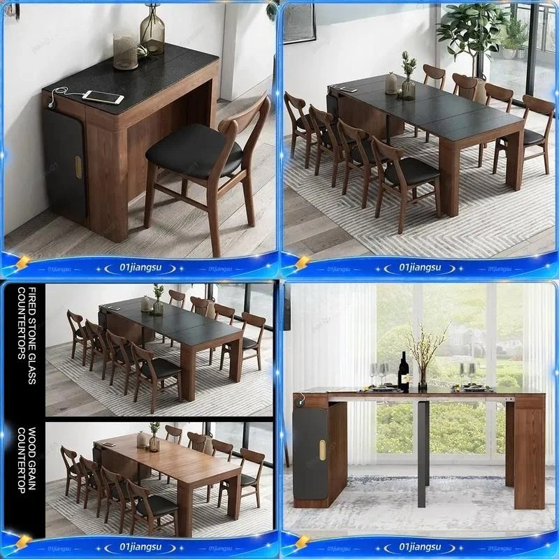 Nordic Slate Folding Dining Table Set Small Apartment Retractable Extendable Kitchen Table and Chairs Modern Home Furniture
