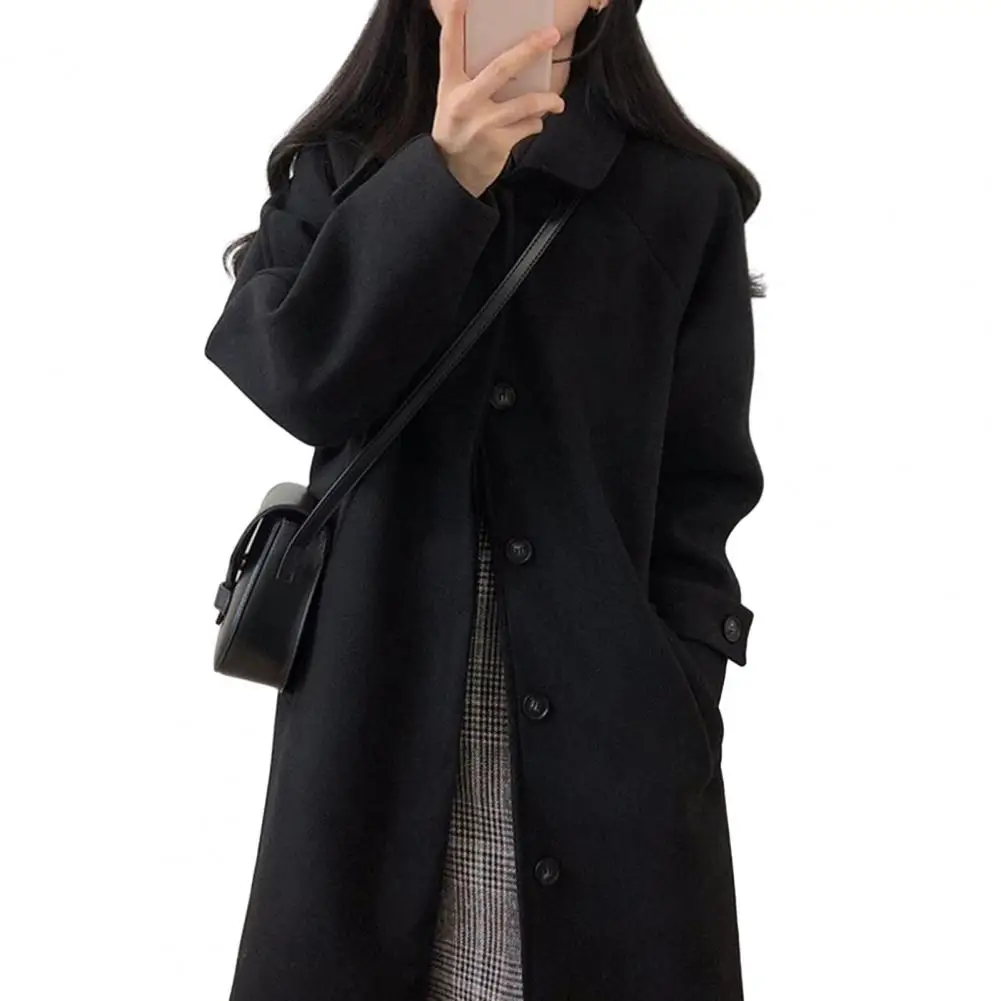 

Fall Winter Korean Women Jacket Overcoat Thick Turn-down Collar Single-breasted Loose Mid Length Long Lady Coat