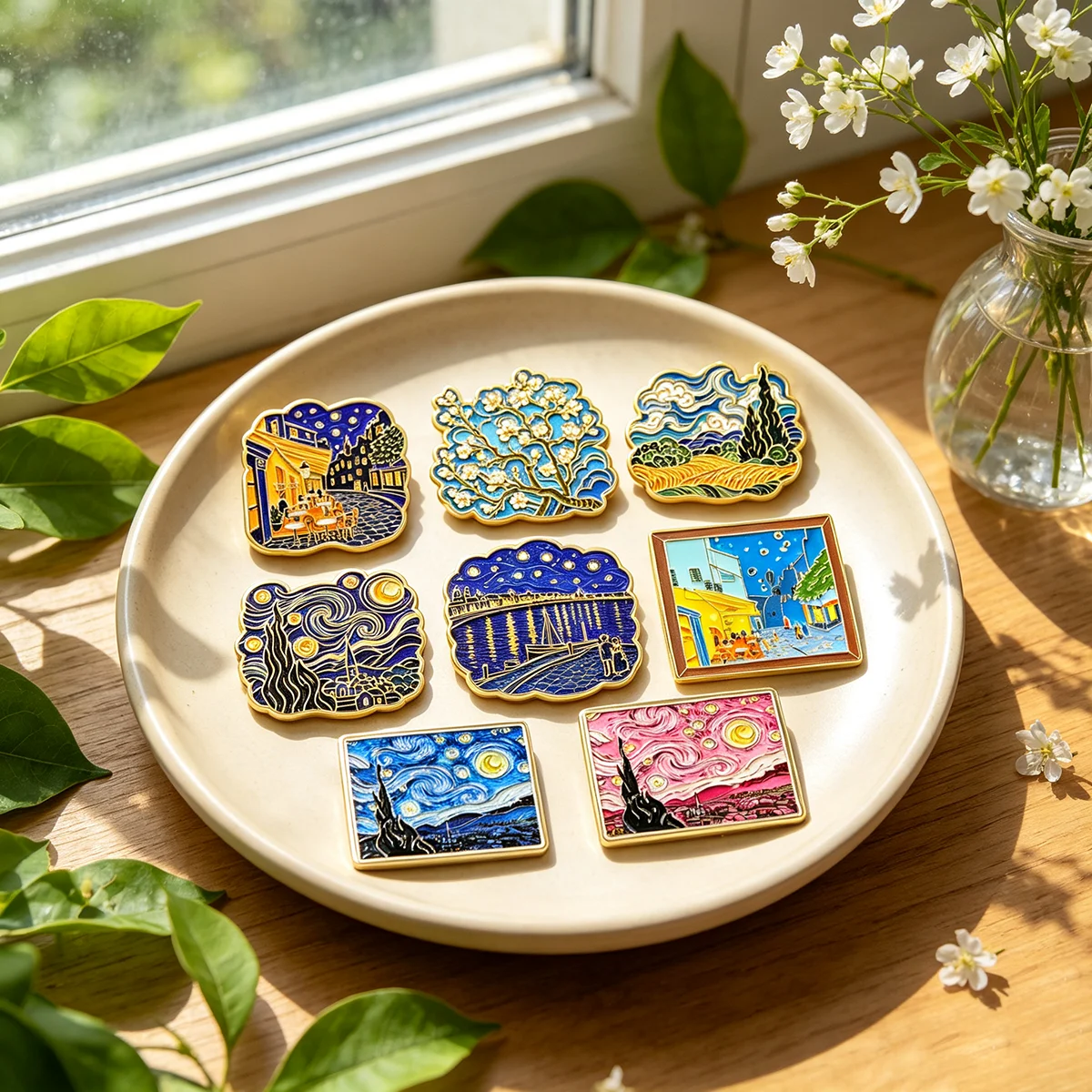 8-teiliges Van-Gogh-Kunst-Broschen-Set, Sternennacht-Metall-Emaille-Anstecknadeln, Abzeichen für Rucksack, Kleidung, Accessoires, Schmuck, Geschenk für Freunde – Detail 5