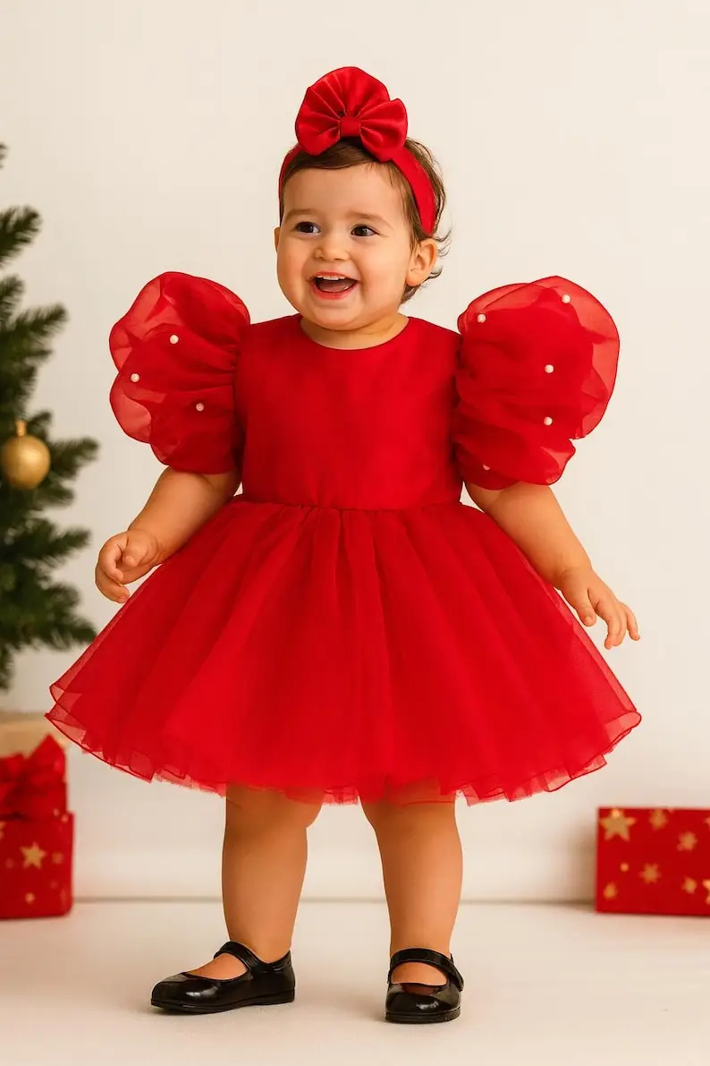 

Flower Girls Dress Red Organza Christmas Dress: Pearl Sleeve Holiday Gown , First Birthday Girl, Handmade for Wedding Party
