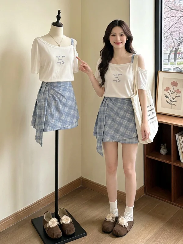 

plus Size Women's Summer Fashion Set Shoulder Bared Short Sleeve Plaid Skirt Pants Two Piece Ensemble Casual Commute Style